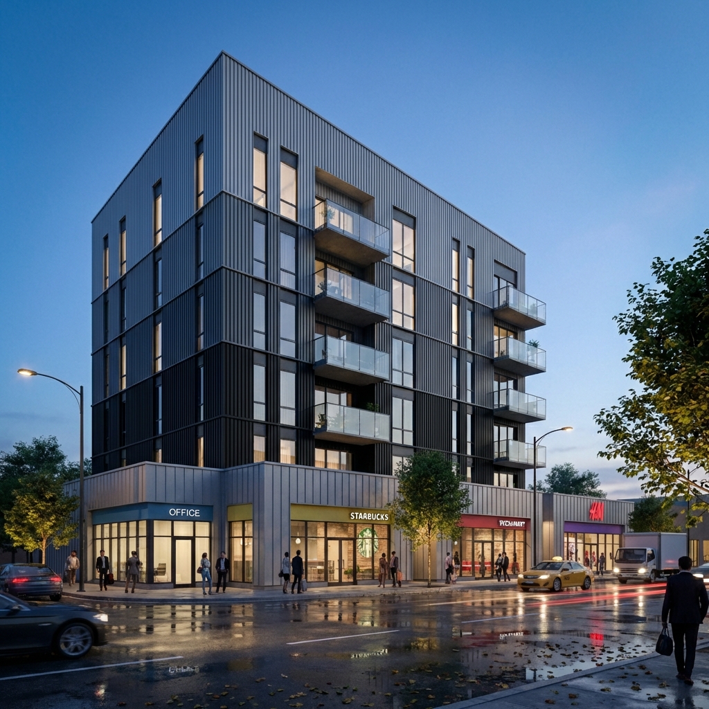 AI-generated architectural render produced from a FeasibL massing model
